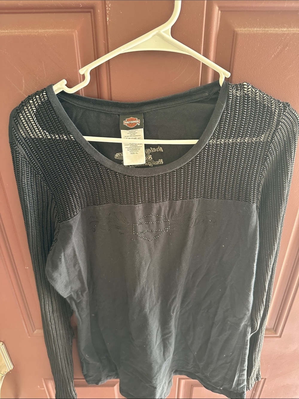 Harley-Davidson Black Ribbed Knit Shoulder Long Sleeve Top